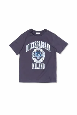 Dolce & Gabbana Kids GRANATOWY T-shirt z logo o aksamitnym wykończeniu