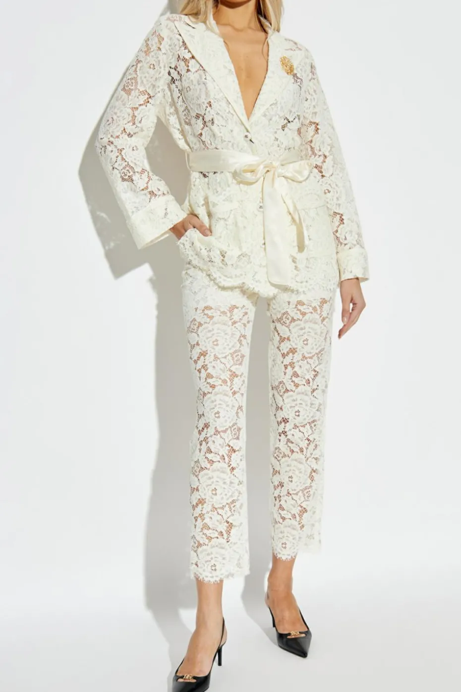Dolce & Gabbana kremowy Koronkowe spodnie