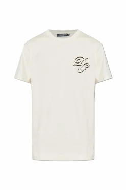 Dolce & Gabbana kremowy T-shirt z wyszytym logo