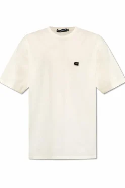 Dolce & Gabbana kremowy T-shirt z aplikacją z logo
