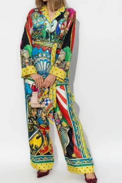 Dolce & Gabbana MULTIKOLOR Jedwabne spodnie ze wzorem `Caretto`
