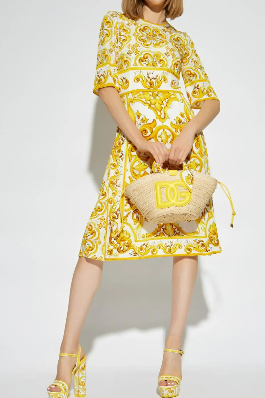 Dolce & Gabbana ŻÓŁTY Sukienka z nadrukiem `Majolika`