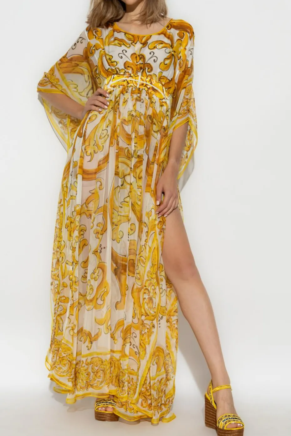 Dolce & Gabbana ŻÓŁTY Sukienka z nadrukiem `Majolica`