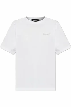 Dsquared2 BIAŁY T-shirt z logo wykończonym połyskującymi aplikacjami