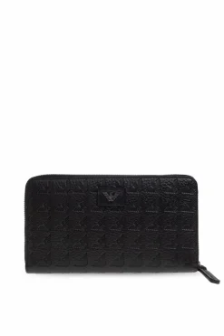 Emporio Armani CZARNY Skórzany portfel z monogramem