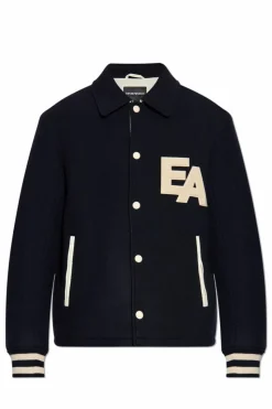 Emporio Armani GRANATOWY Wełniana kurtka z logo