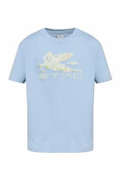 Etro jasnoniebieski T-shirt z kolorowo nadrukowanym logo