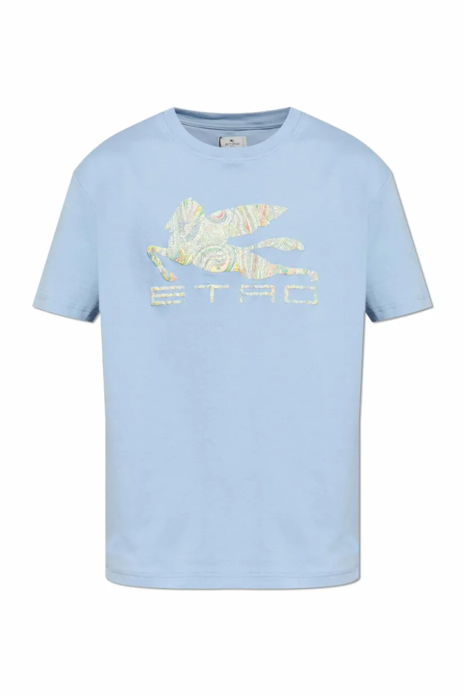 Etro jasnoniebieski T-shirt z kolorowo nadrukowanym logo