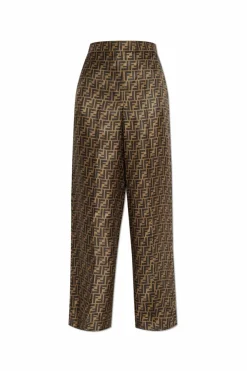 Fendi BRĄZOWY Jedwabne spodnie z monogramem