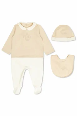 Fendi Kids beżowy Komplet: body, czapka i śliniak