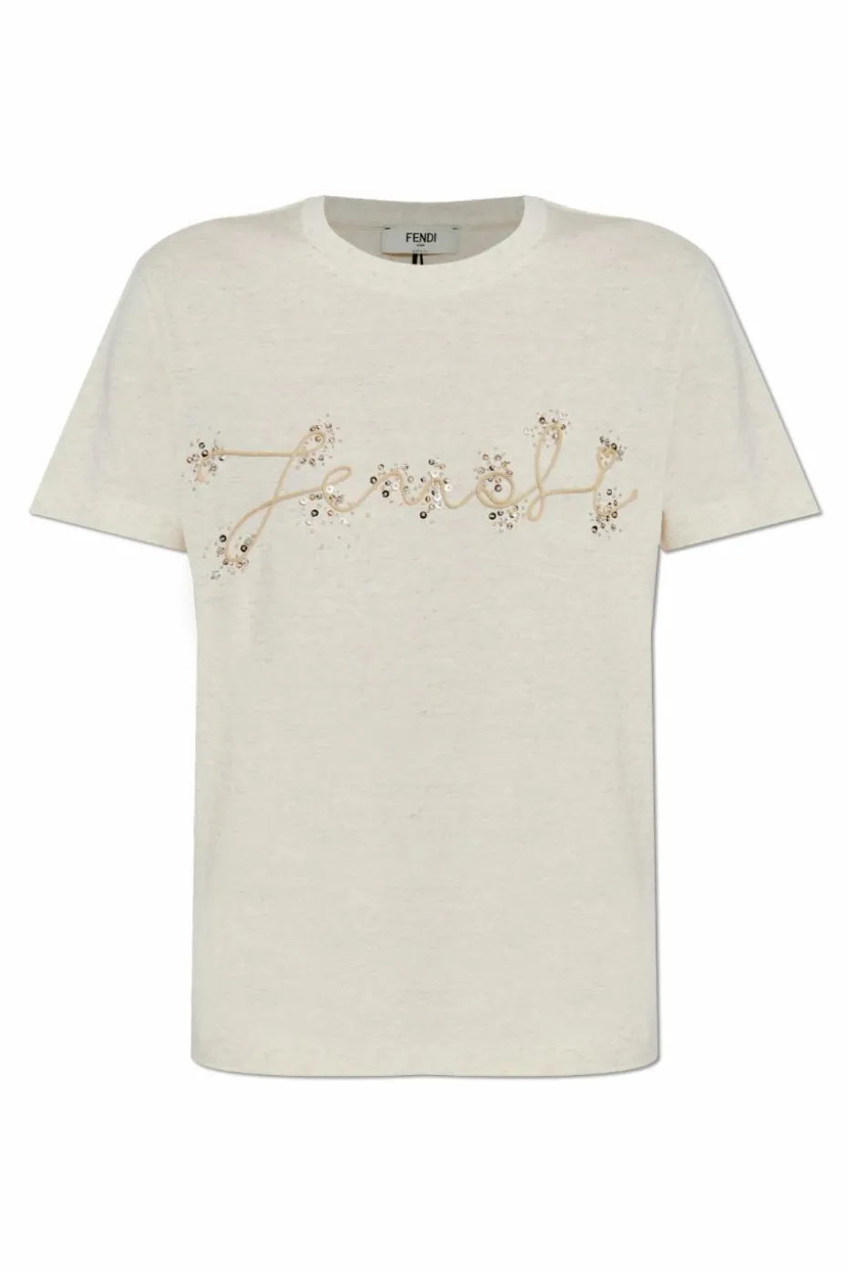 Fendi kremowy T-shirt z połyskującymi aplikacjami