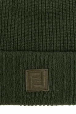 Fendi ZIELONY Wełniana czapka z naszywką z logo