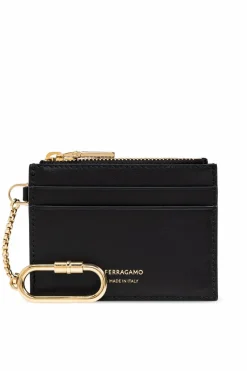 FERRAGAMO CZARNY Skórzane etui na karty z brelokiem
