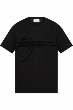 FERRAGAMO CZARNY T-shirt z logo o aksamitnym wykończeniu