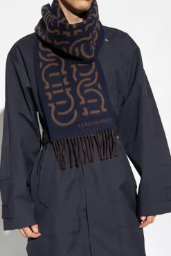 FERRAGAMO GRANATOWY Wełniany szal z logo