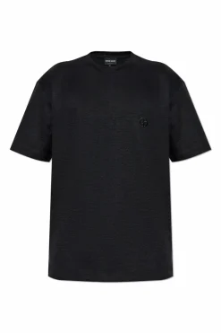 Giorgio Armani CZARNY Lniany t-shirt z wyszytym logo