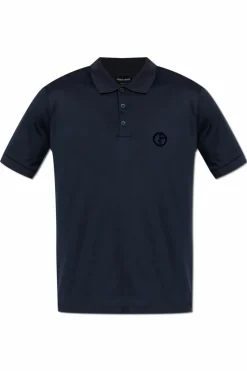 Giorgio Armani GRANATOWY Polo z logo o aksamitnym wykończeniu