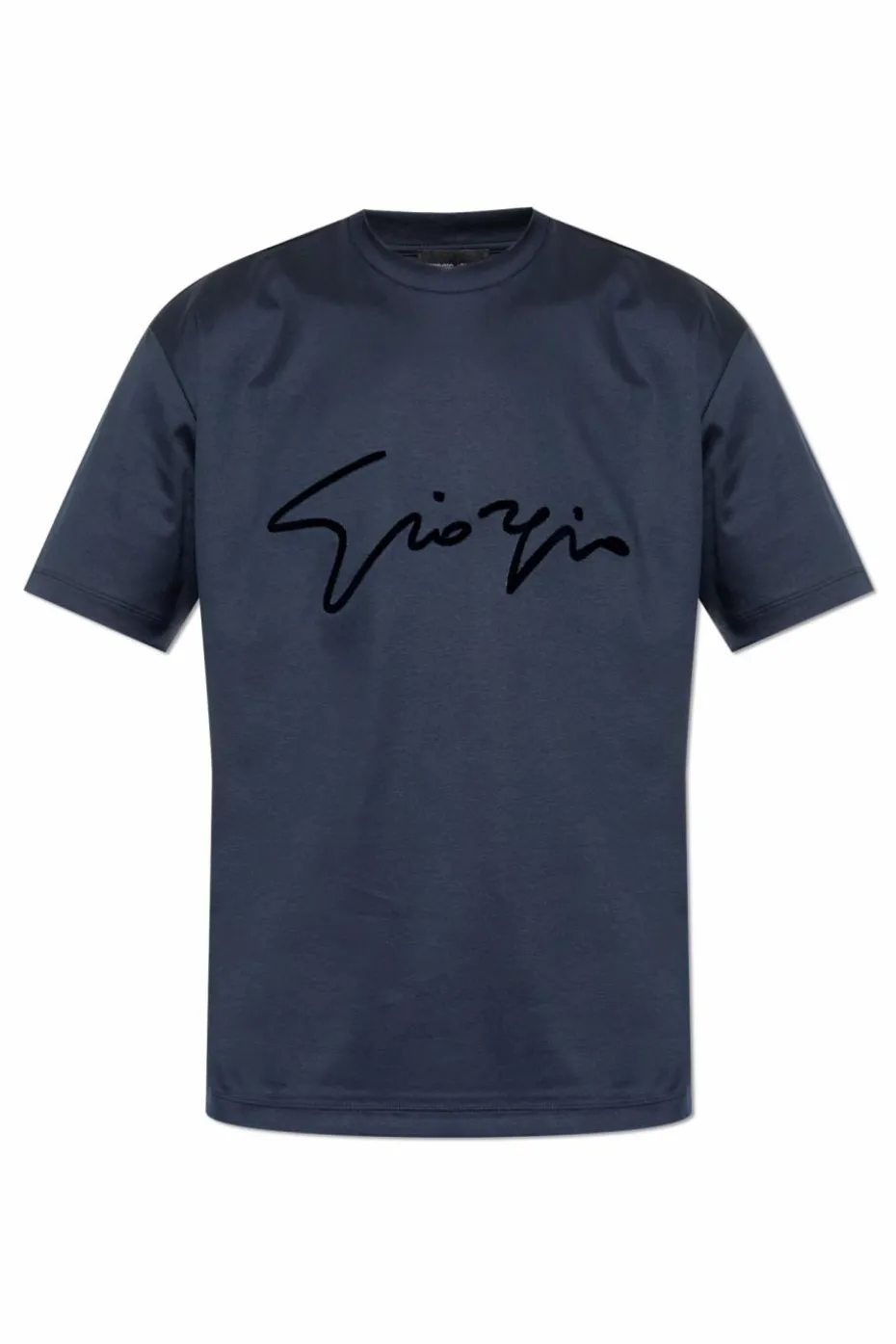 Giorgio Armani GRANATOWY T-shirt z logo o aksamitnym wykończeniu