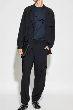 Giorgio Armani GRANATOWY T-shirt z logo o aksamitnym wykończeniu