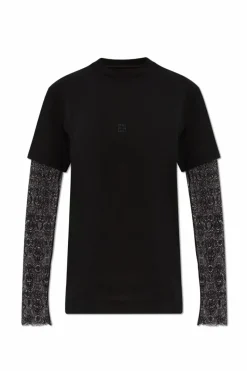 Givenchy CZARNY T-shirt z koronkowymi rękawami