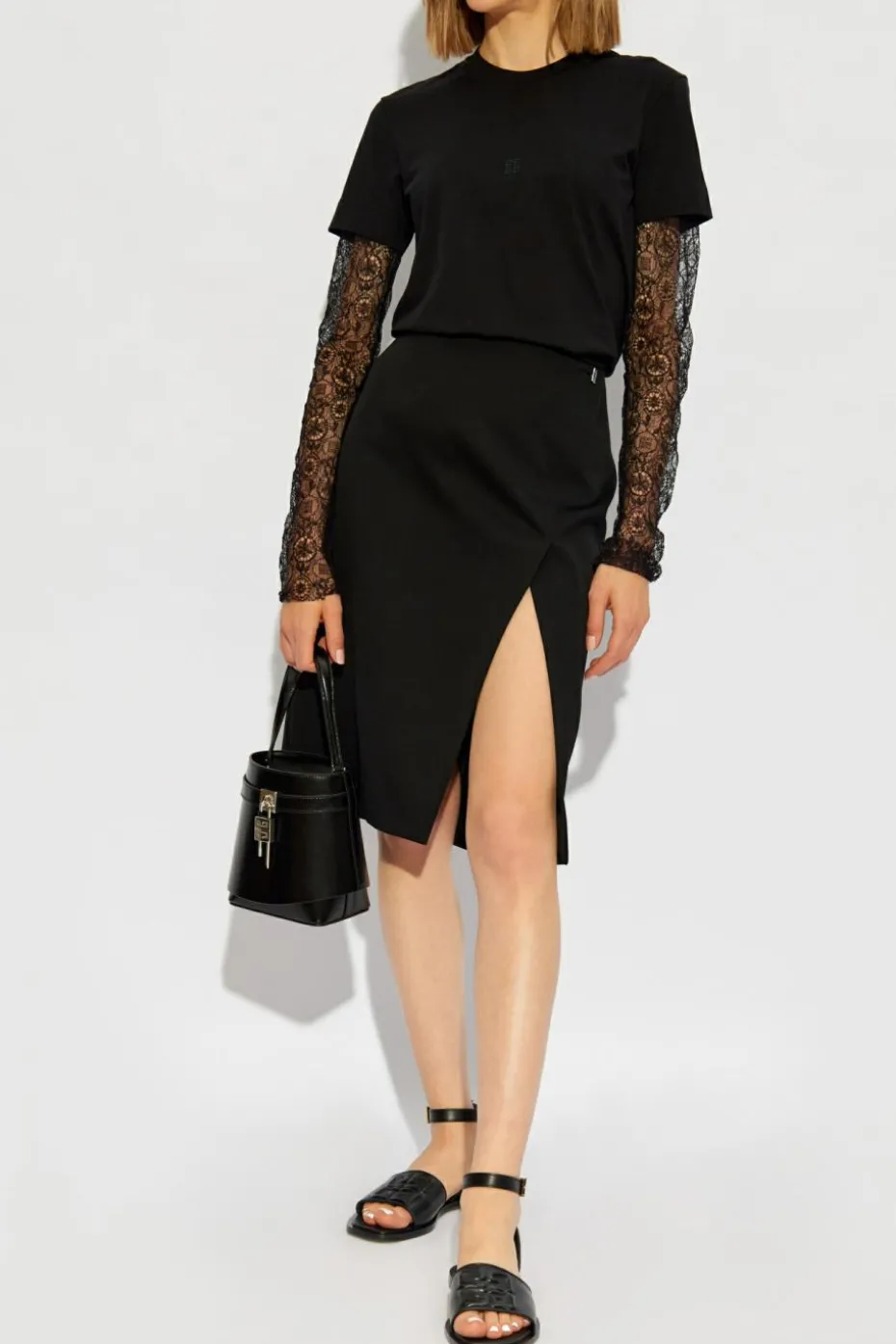 Givenchy CZARNY T-shirt z koronkowymi rękawami