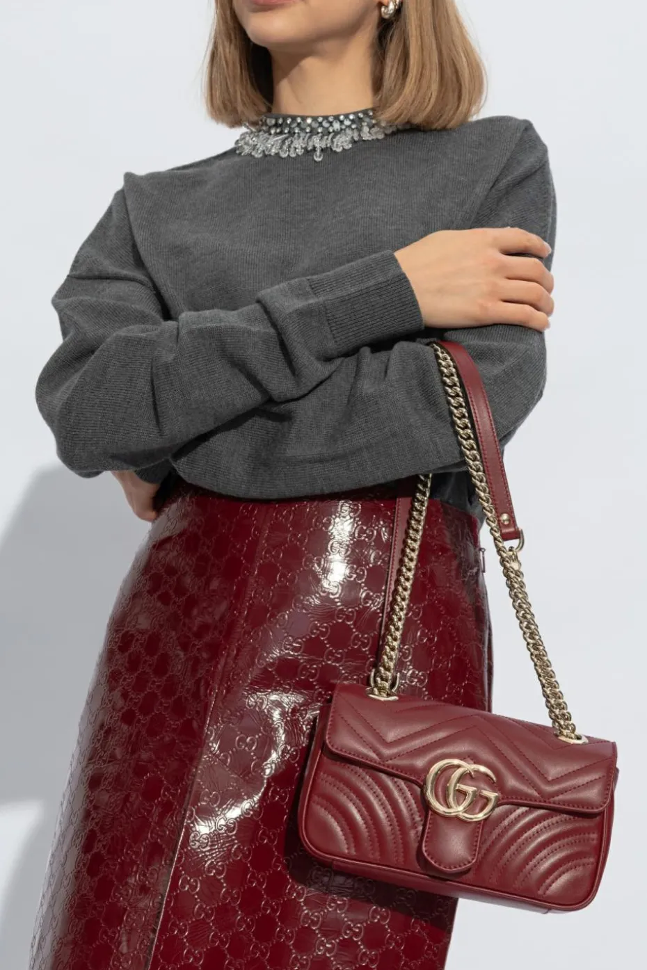 Gucci BORDO Pikowana torba na ramię ‘GG Marmont Mini’