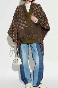 Gucci BRĄZOWY Wełniane ponczo ze wzorem `GG`