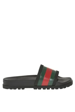 Gucci CZARNY Gumowe klapki z paskiem 'Web'
