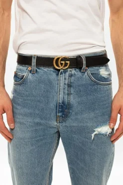 Gucci CZARNY Skórzany pasek z logo