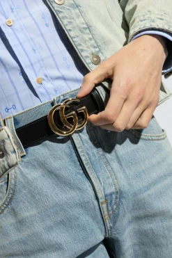 Gucci CZARNY Skórzany pasek z logo
