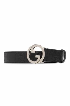 Gucci CZARNY Skórzany pasek z logo