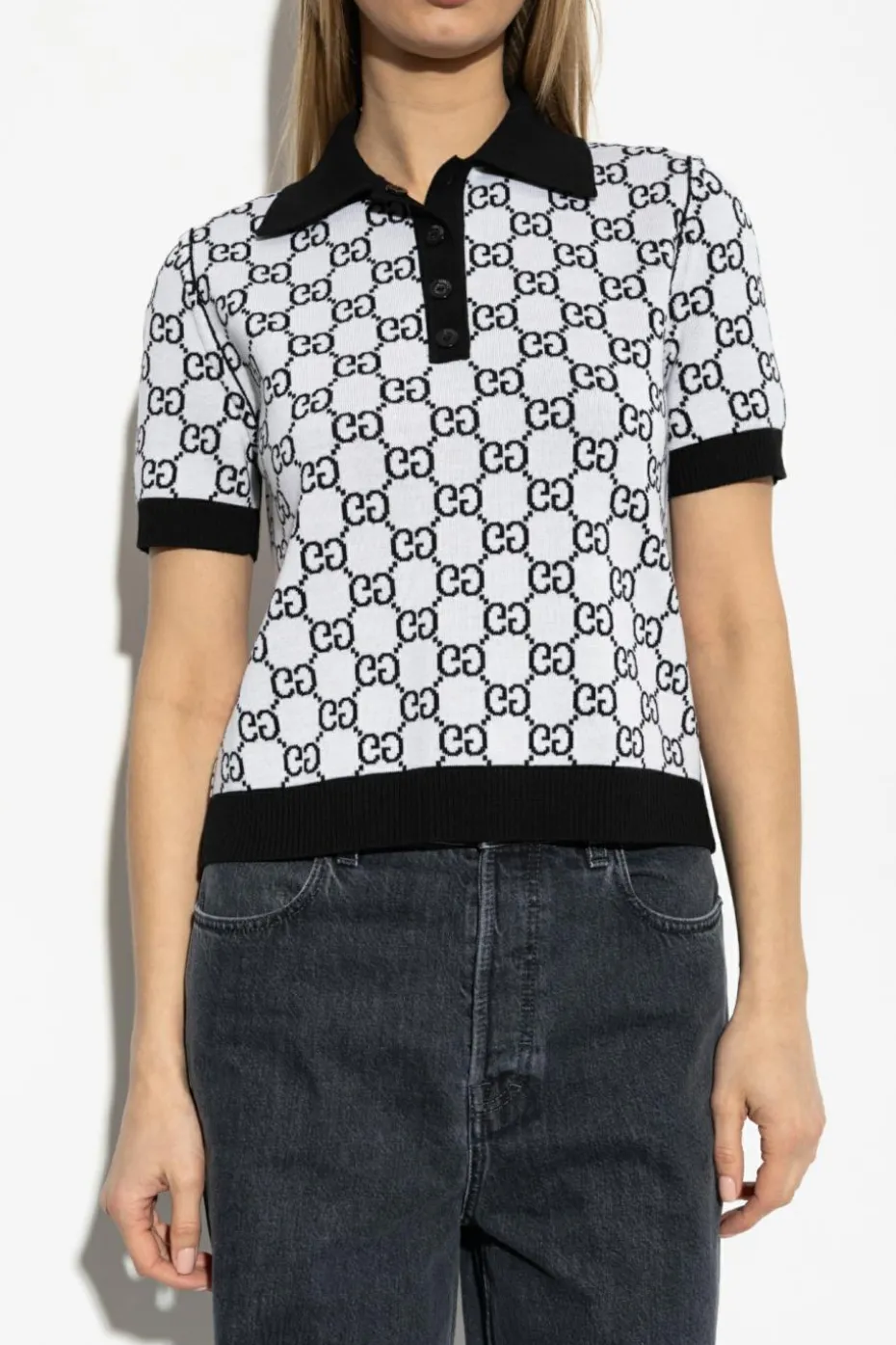 Gucci CZARNY Wełniane polo ze wzorem `GG`