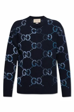 Gucci GRANATOWY Wełniany sweter ze wzorem `GG`