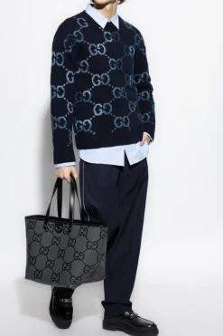 Gucci GRANATOWY Wełniany sweter ze wzorem `GG`