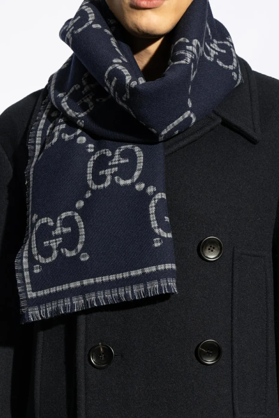 Gucci GRANATOWY Wełniany szal z logo