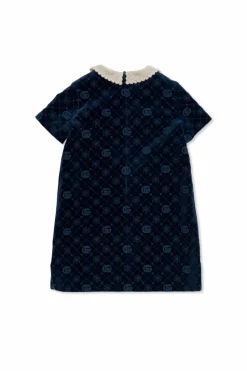 Gucci Kids GRANATOWY Aksamitna sukienka ze wzorem `GG`