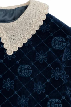 Gucci Kids GRANATOWY Aksamitna sukienka ze wzorem `GG`