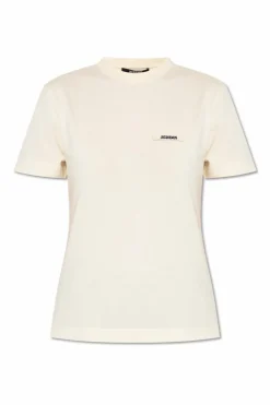 Jacquemus kremowy T-shirt z naszywką z logo
