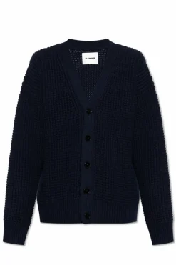 JIL SANDER GRANATOWY Wełniany kardigan