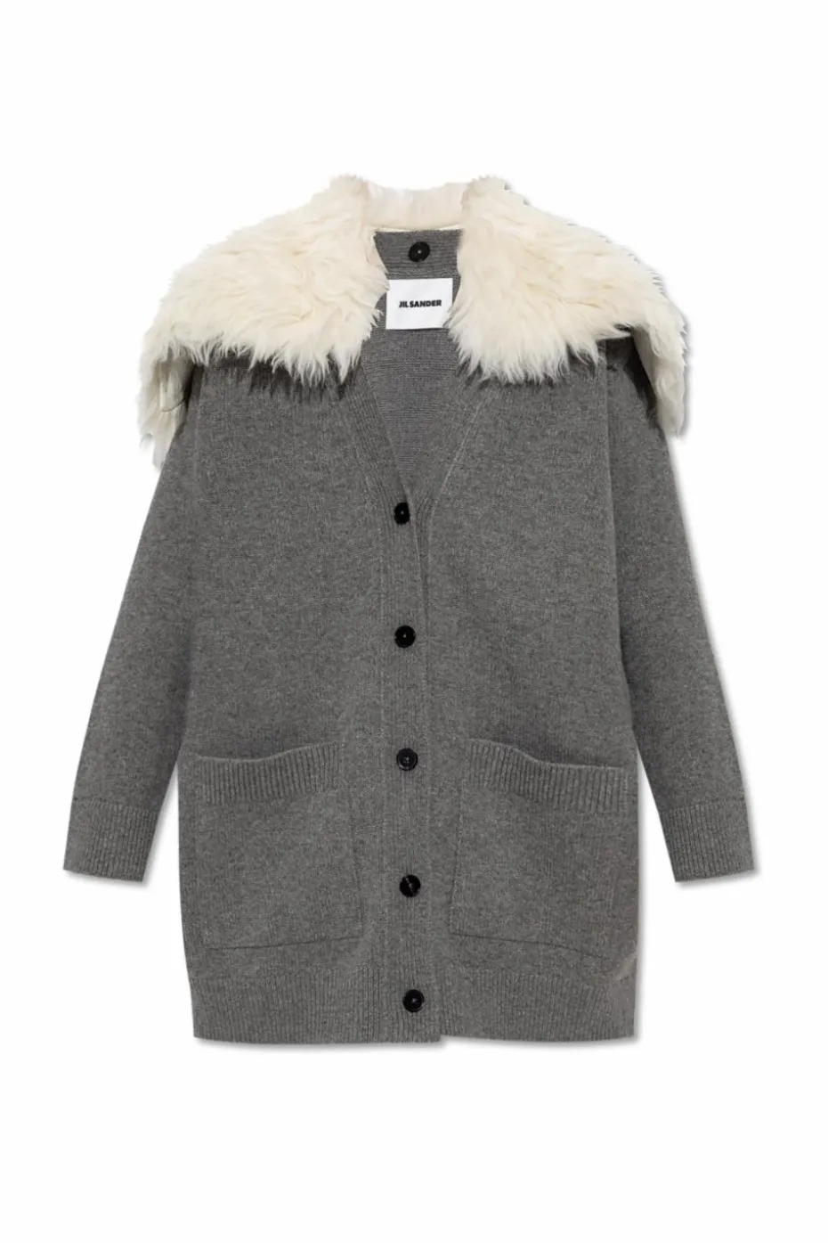 JIL SANDER SZARY Kardigan z odpinanym sztucznym futrem