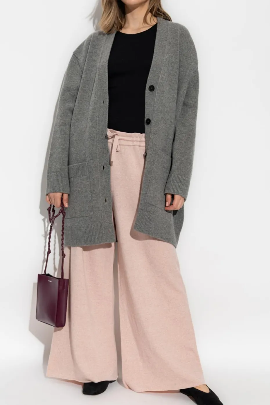 JIL SANDER SZARY Kardigan z odpinanym sztucznym futrem