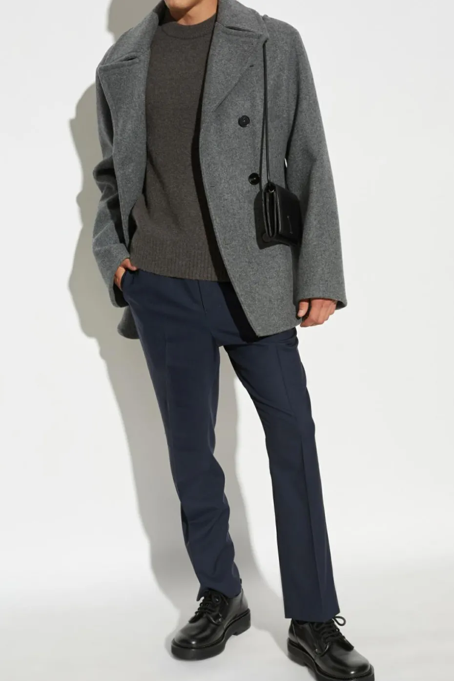 JIL SANDER+ SZARY Wełniany płaszcz