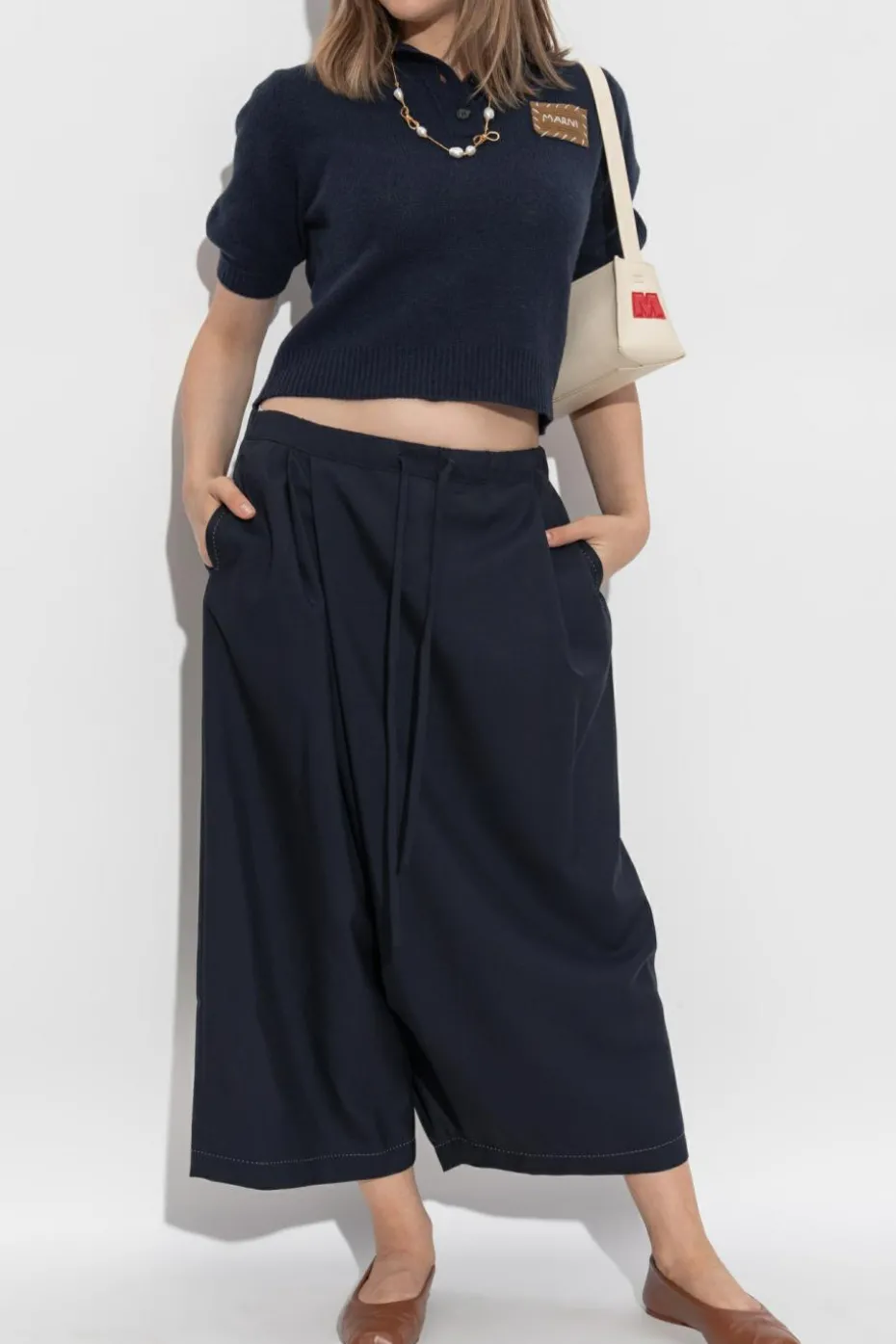 Marni GRANATOWY Kaszmirowe polo z naszywką z logo