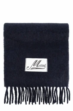 Marni GRANATOWY Wełniany szal z logo