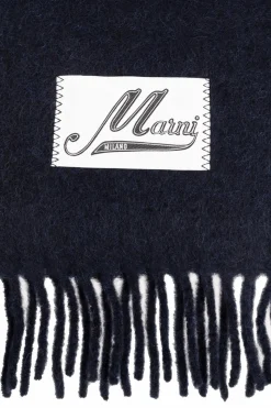 Marni GRANATOWY Wełniany szal z logo