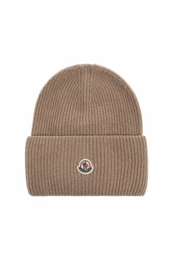 Moncler beżowy Wełniana czapka z naszywką z logo