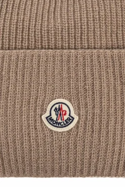 Moncler beżowy Wełniana czapka z naszywką z logo