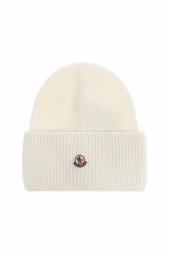 Moncler BIAŁY Wełniana czapka z naszywką z logo