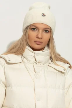 Moncler BIAŁY Wełniana czapka z naszywką z logo