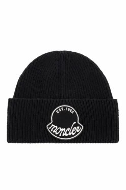 Moncler CZARNY Wełniana czapka z naszywką z logo